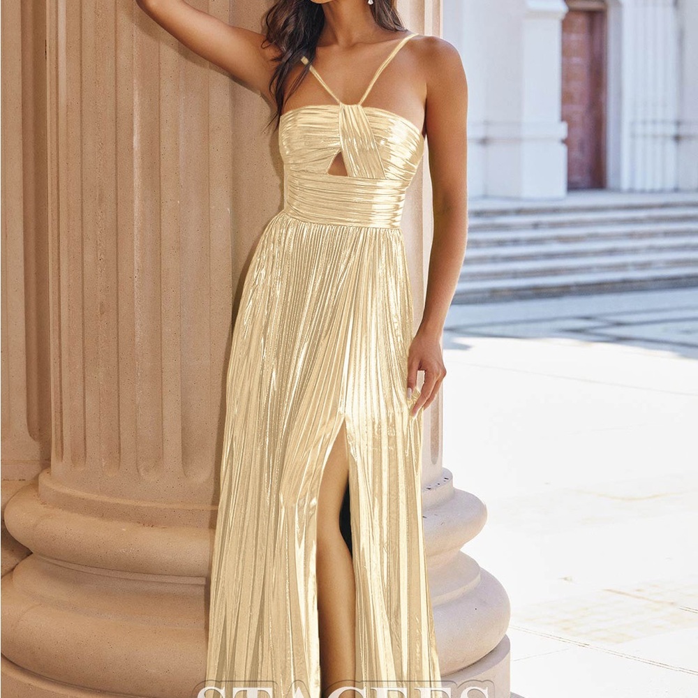 Yellow Ruched Slit Gown for Prom